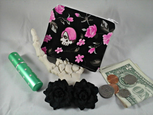 Girly Skull Coin Purse | Floral Elegance meets Gothic Charm | Zipper Pouch