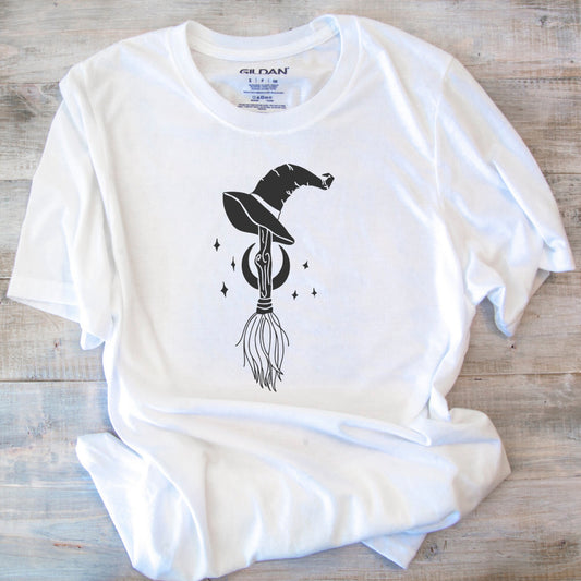 Witch Broom Shirt | Unisex Jersey T-shirt | White Witch Tee | Black Design | Halloween Shirt | Classic Fit For Women