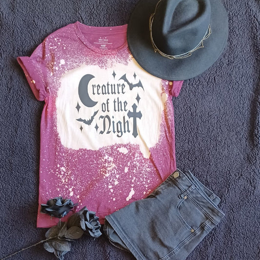 Creature of the Night Shirt | Hand-Bleached Tee | Halloween Apparel | Unisex Fit | Scary Design